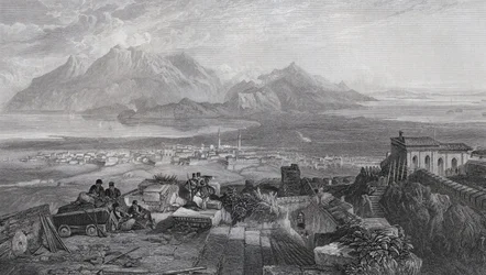 Stad en Landengte van Korinthe gezien vanaf de Akropolis, gegraveerd door W. Miller, uit 